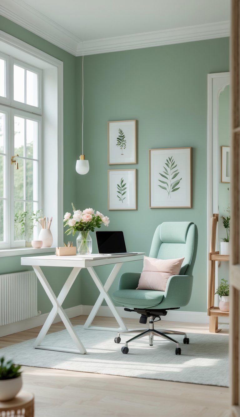 A bright home office with sage green walls, a white desk with a laptop, flowers, and a comfortable chair near a window.