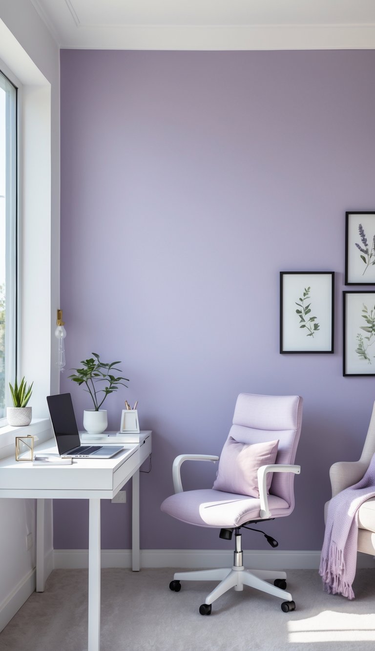 A bright home office with a lavender-colored wall, a white desk with a laptop and plant, and a comfortable chair.