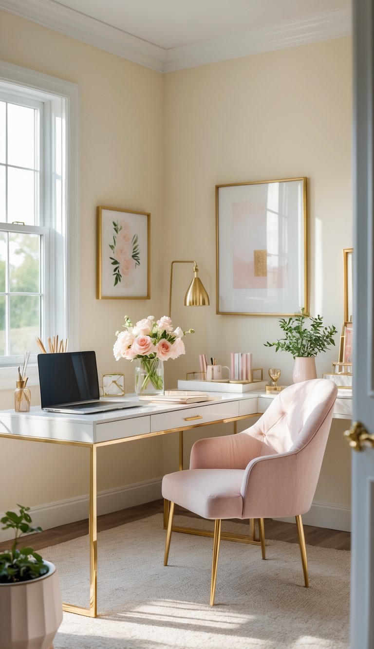 A home office with creamy ivory walls, a white desk with a laptop, flowers, and a comfortable chair.