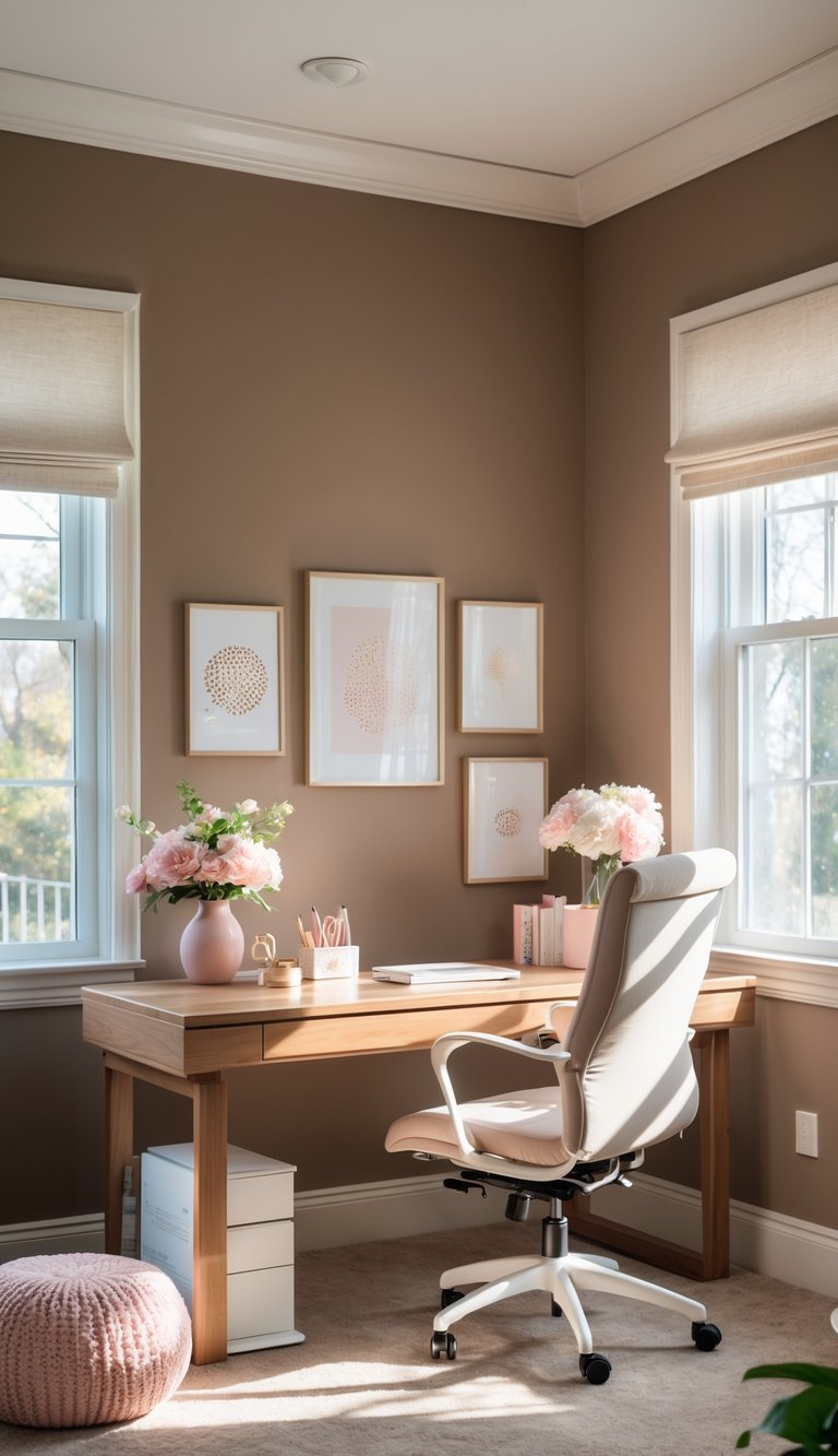 A well-lit home office with warm taupe walls, a wooden desk, a chair, flowers, and feminine decor.