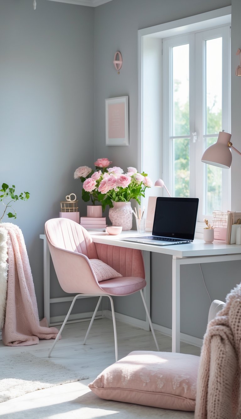 A bright home office with light gray walls, a white desk, a pink chair, fresh flowers, and a laptop.