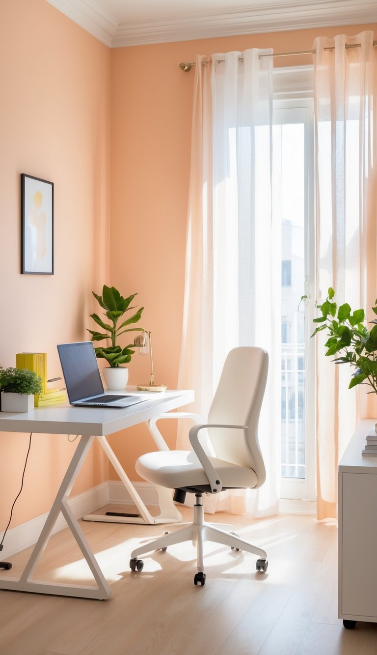A home office with pale apricot walls, a white desk with a laptop, a chair, a small plant, and natural light coming through a window.