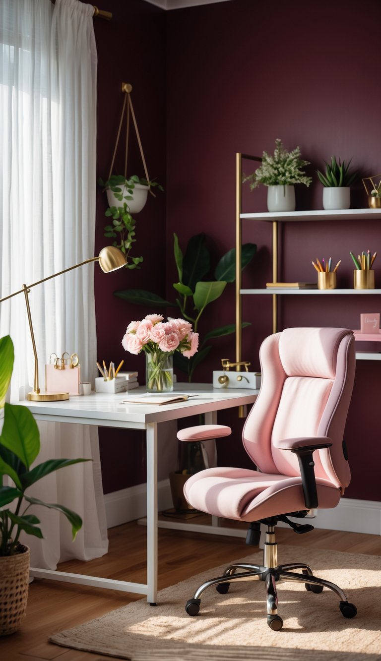 A home office with deep burgundy walls, a white desk, pink chair, and decorative plants and accessories.