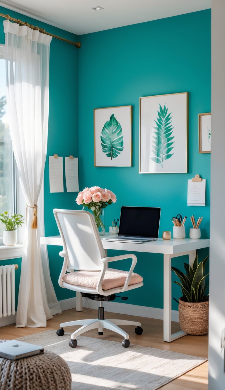 A home office with teal accent walls, a white desk with a laptop, flowers, and plants near a window with natural light.