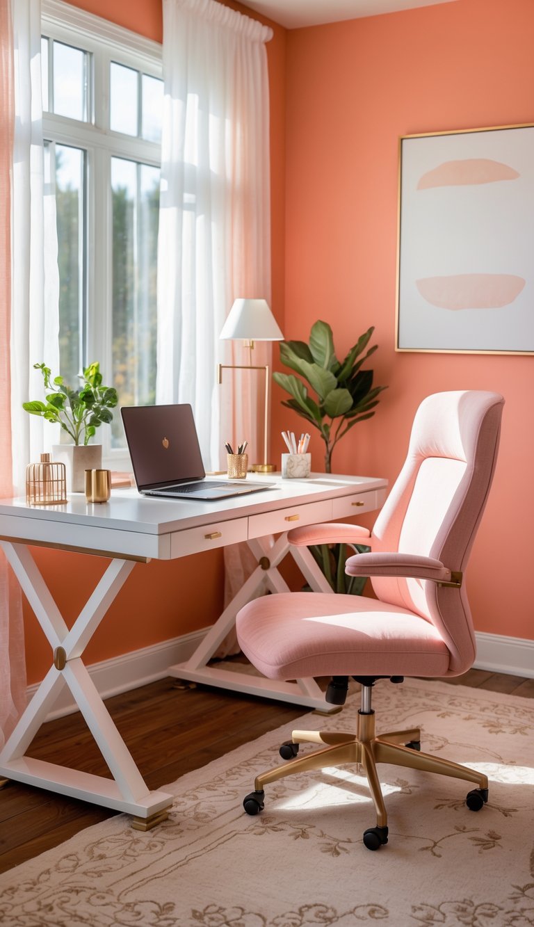 A feminine home office with warm coral walls, a white desk, pink chair, and natural light coming through windows.