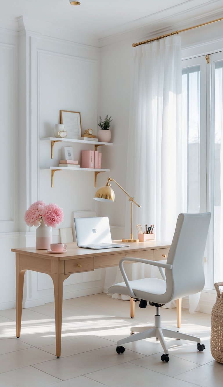 A bright home office with white walls, a wooden desk, laptop, office chair, flowers, and natural light from a window.