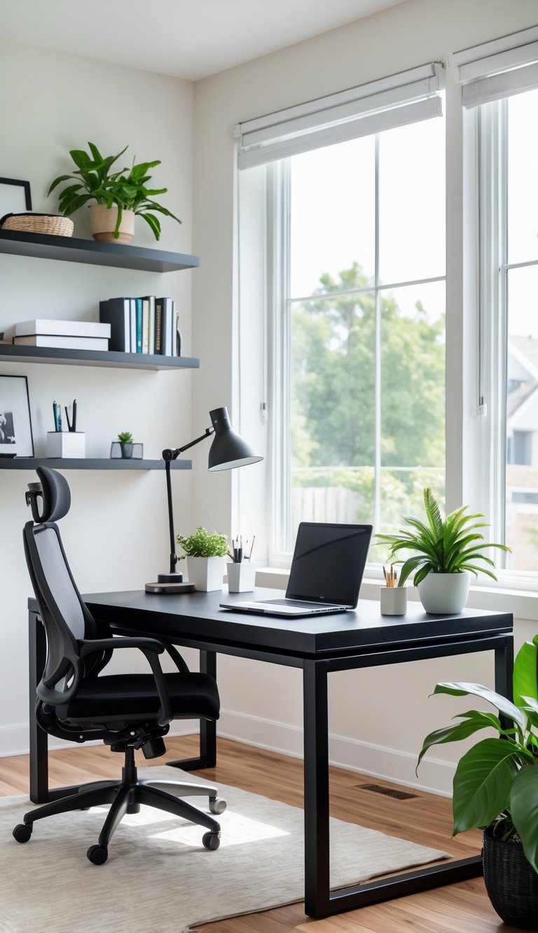 A modern home office with a black desk, laptop, chair, shelves, plants, and natural light from large windows.