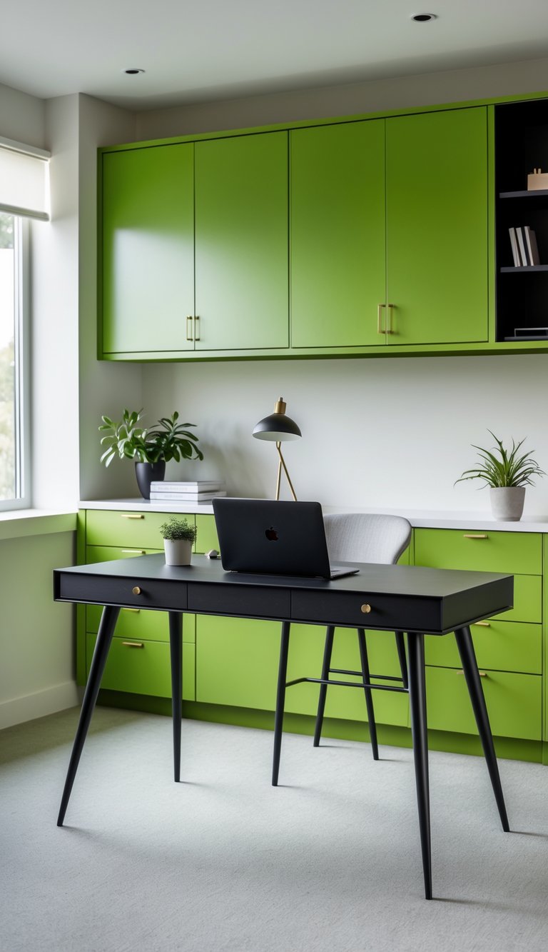 A home office with a matte black desk with spindle legs and green storage cabinets behind it.