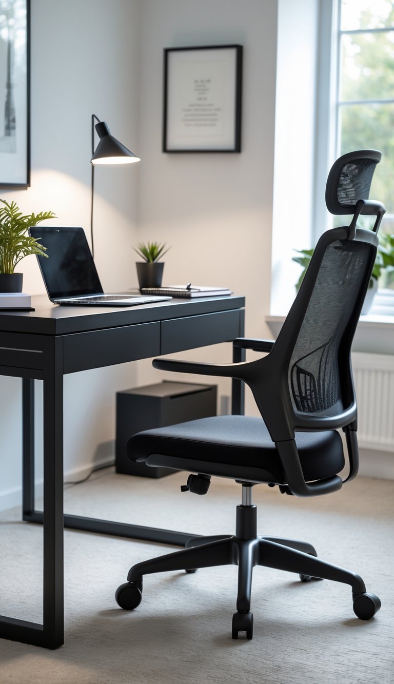 A black desk with an ergonomic office chair in a tidy home office space.