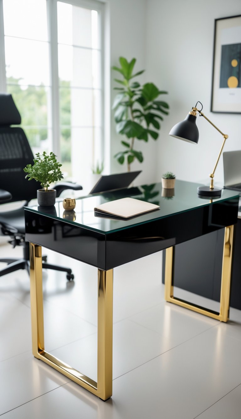 A home office with a black glass-top desk with gold legs, a laptop, a desk lamp, a plant, and a chair in a bright room.