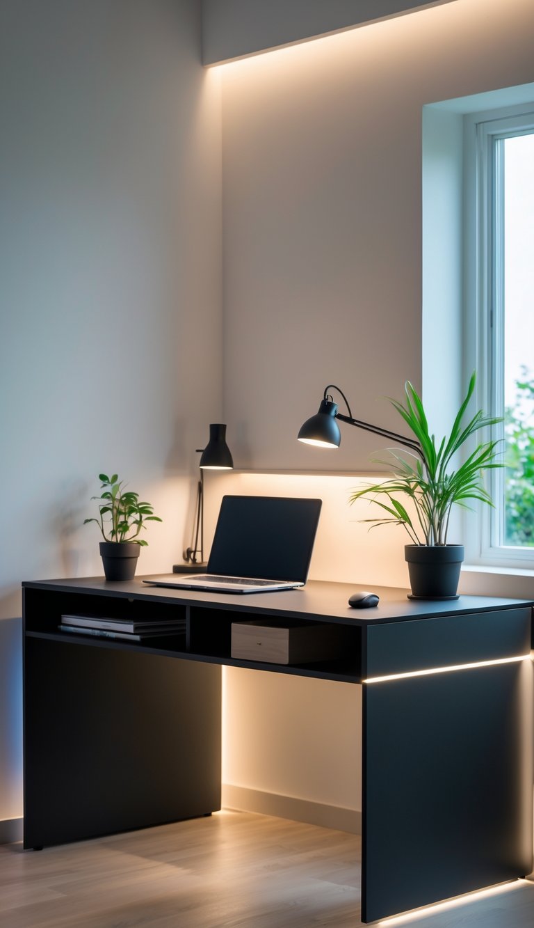 A black desk with built-in LED lighting in a home office setting with a laptop, mouse, small plant, and desk lamp.