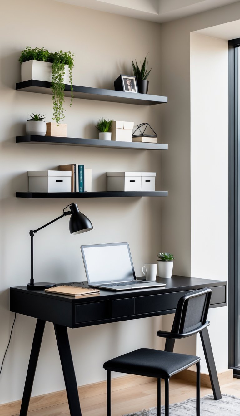 A home office with a black desk and floating shelves above it holding plants and books.