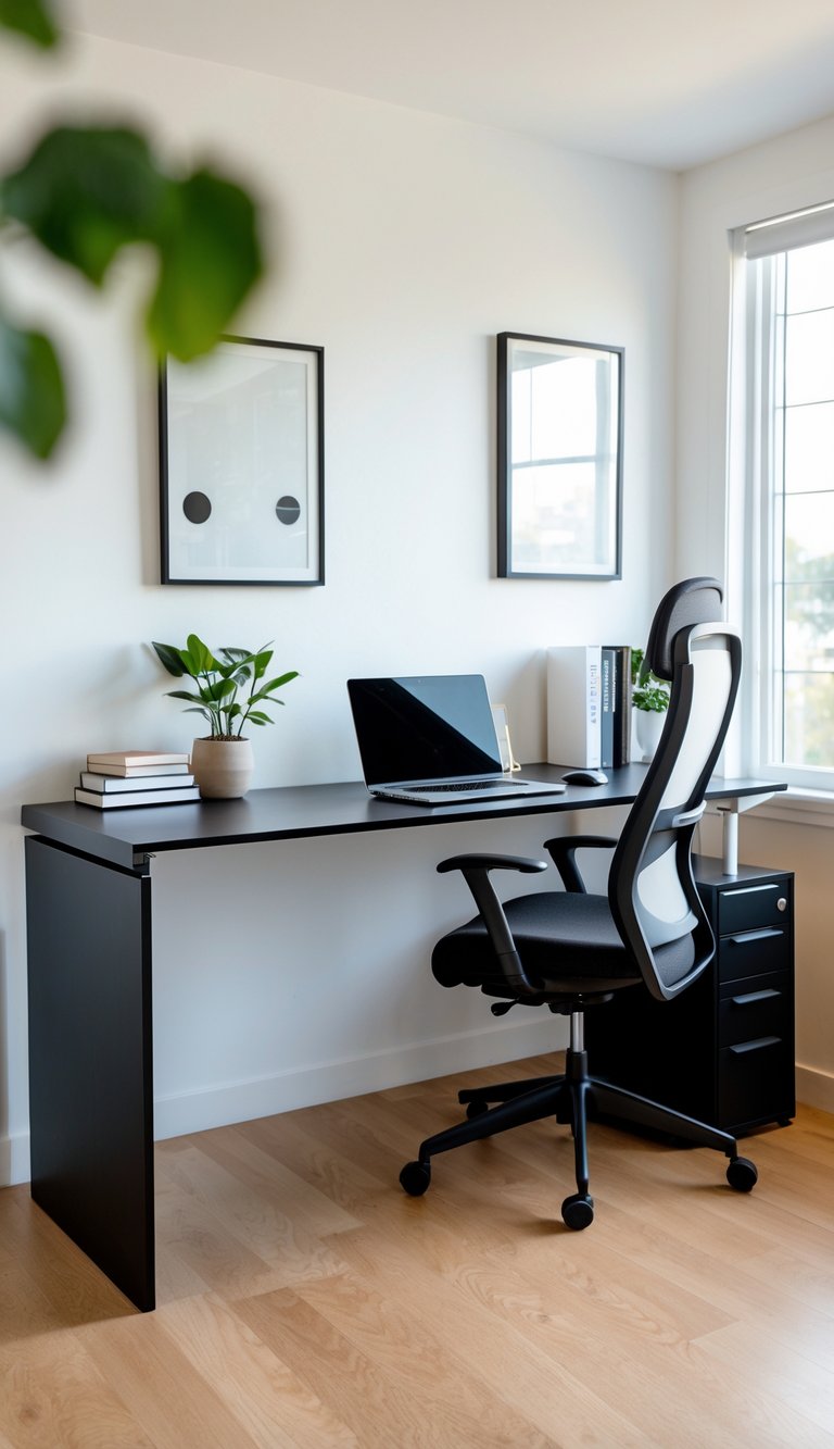 A home office with an L-shaped black desk and under-desk drawers, featuring a laptop, office chair, and natural lighting.
