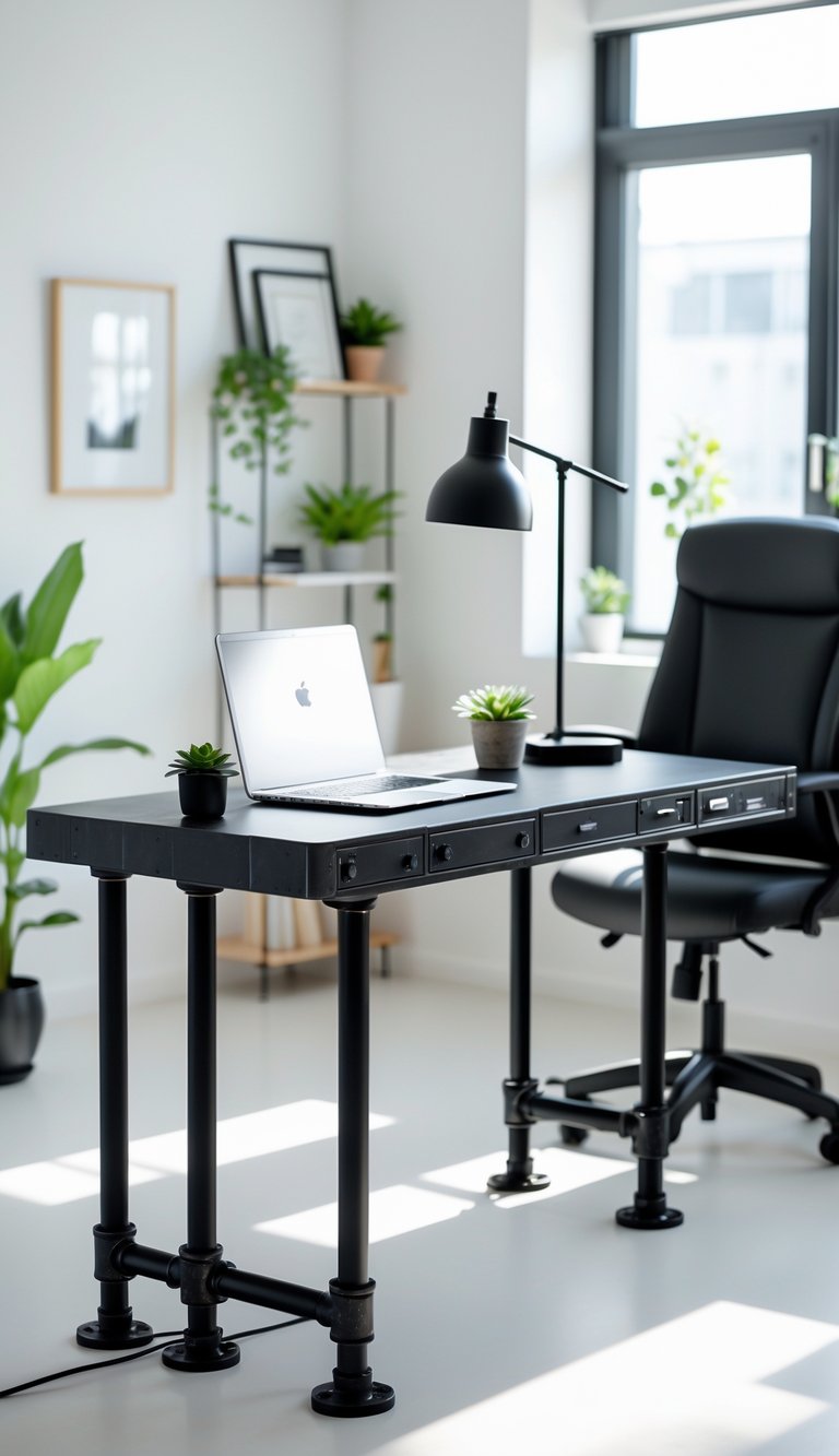 A home office with a black desk supported by pipe legs, a laptop, a desk lamp, a plant, and a chair in a bright room.
