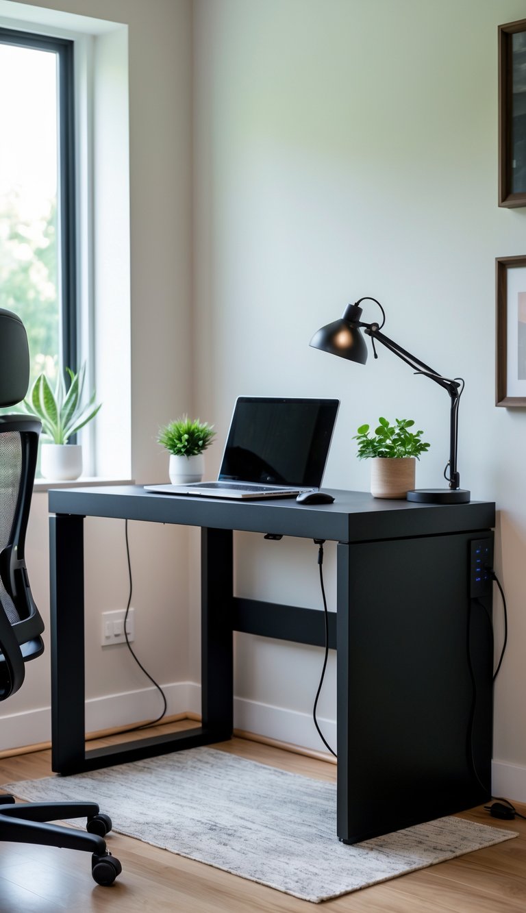 A compact black desk in a home office with hidden cable management, a laptop, a plant, a desk lamp, an ergonomic chair, and shelves in the background.