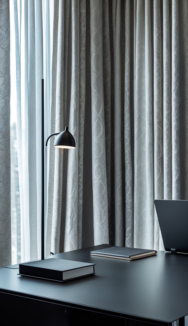A home office with a black desk in front of patterned curtains and office accessories on the desk.
