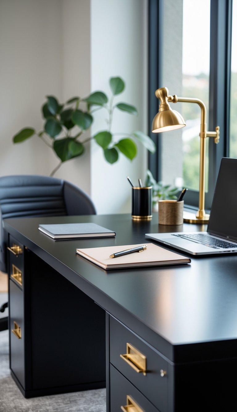 A home office with a black desk featuring brass hardware, a laptop, desk lamp, notebook, and a potted plant near a window.