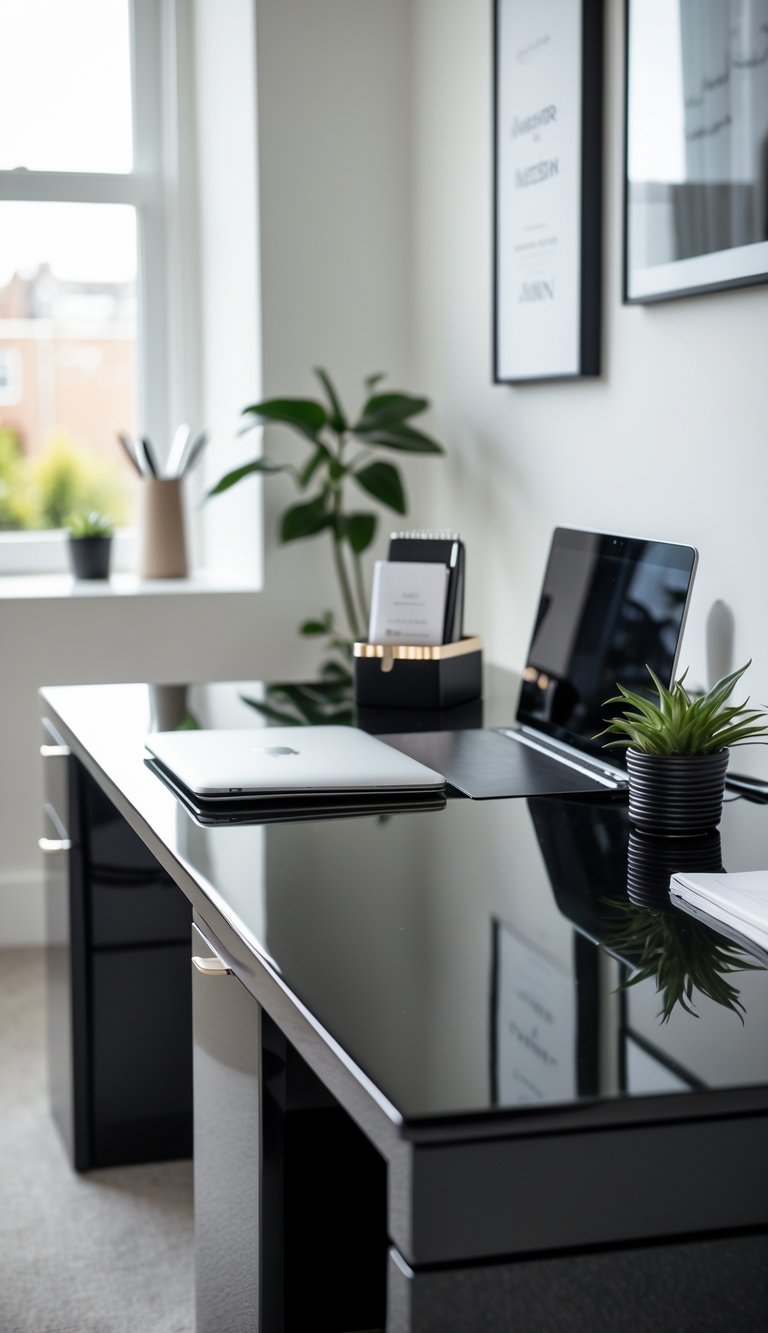 A modern black desk with a glossy surface in a home office setup with a laptop, notebook, pen holder, and a small plant.