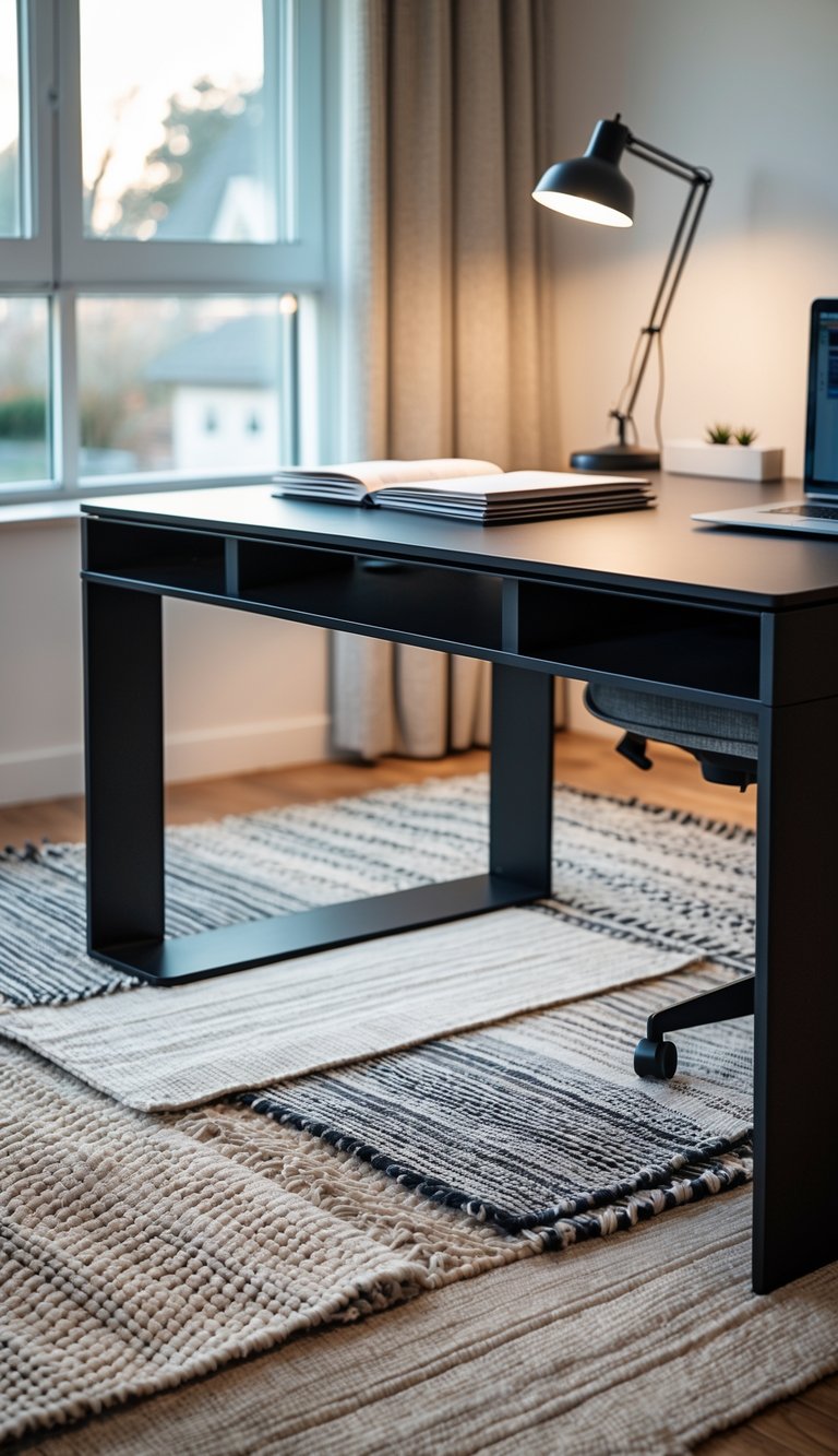 A black desk in a home office with layered textile rugs underneath and natural light coming through a window.