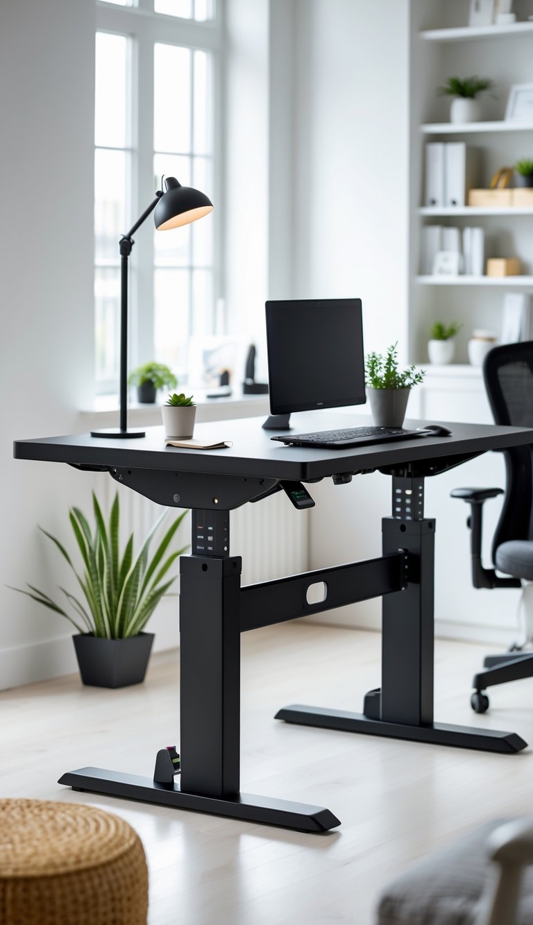 A black adjustable standing desk in a bright home office with a laptop, plant, lamp, and ergonomic chair.