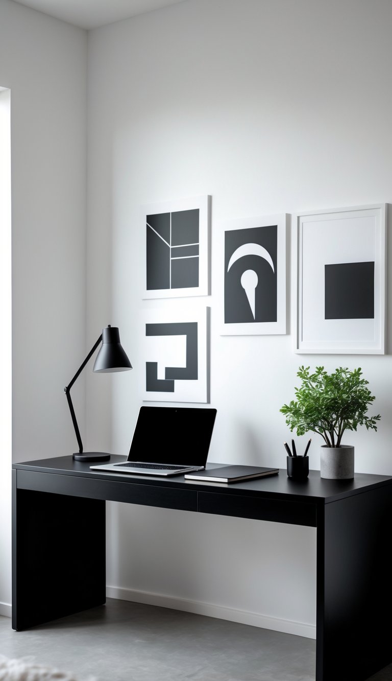 A black desk in a home office with black and white art on the wall, a laptop, desk lamp, plant, and notebook on the desk.