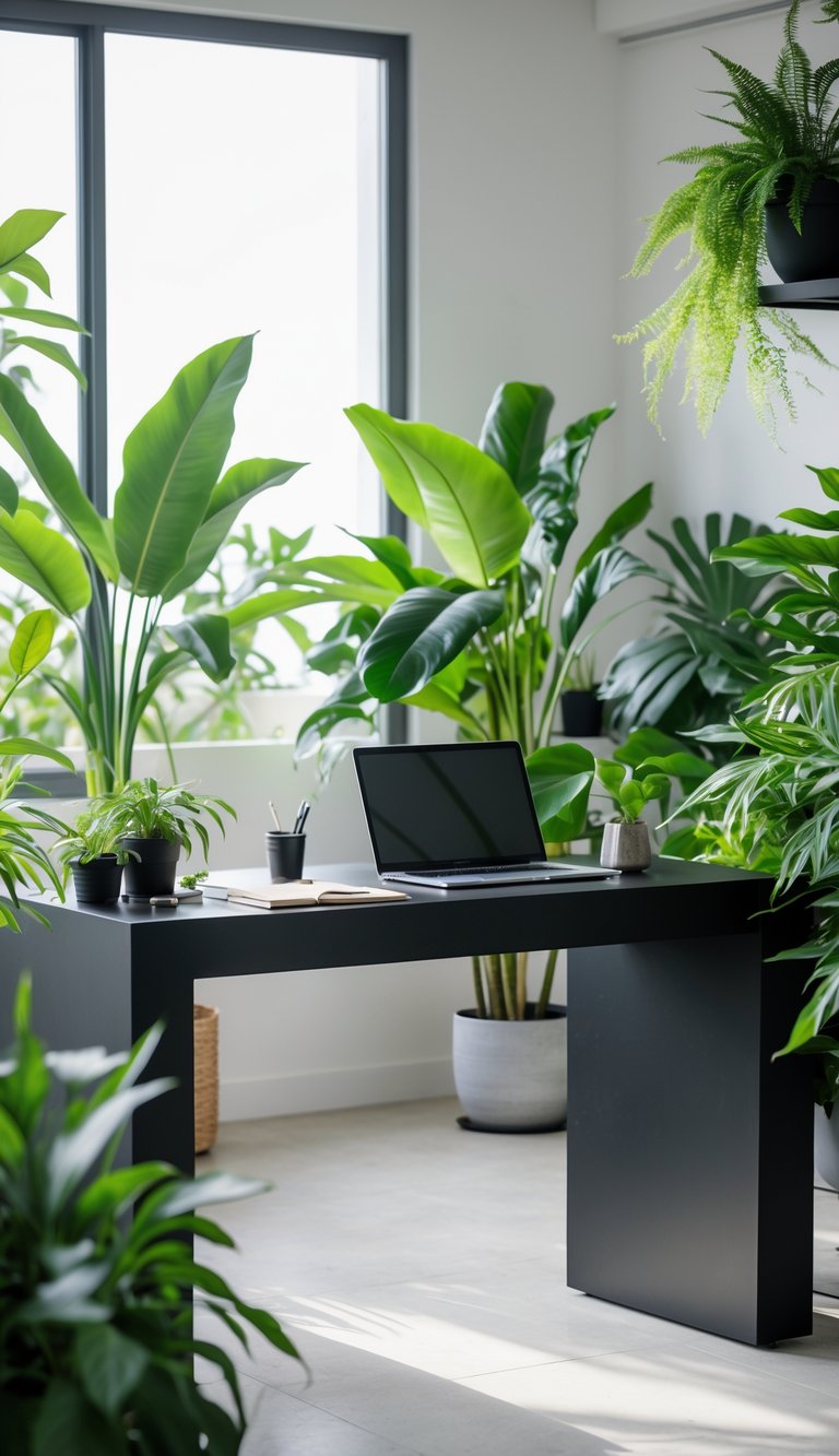 A black desk in a home office surrounded by green plants and office supplies.