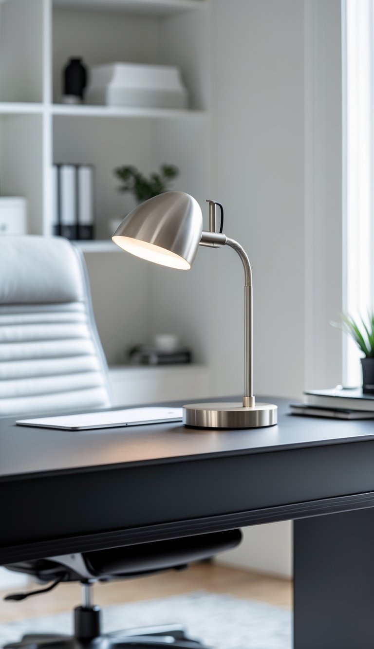 A black desk with a metallic desk lamp in a tidy home office setting.