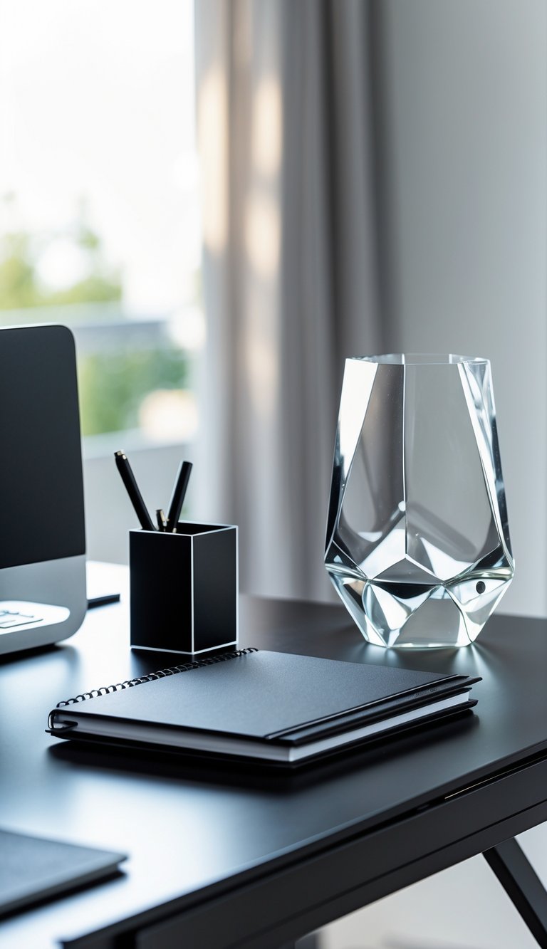 A black desk with glass decor and organized stationery in a home office setting.