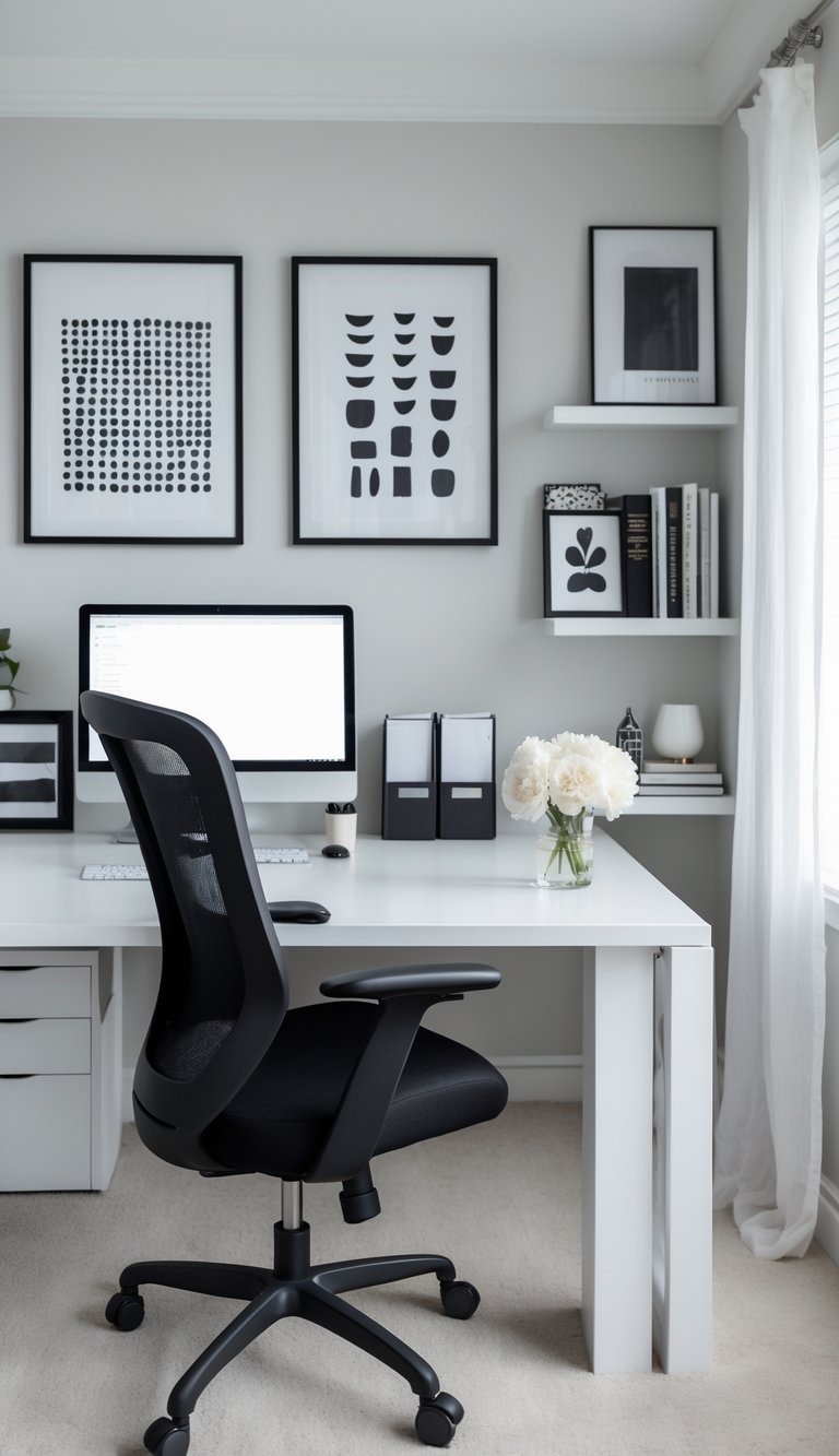 A black and white home office with a white desk, black chair, computer, flowers, and framed art on the wall.
