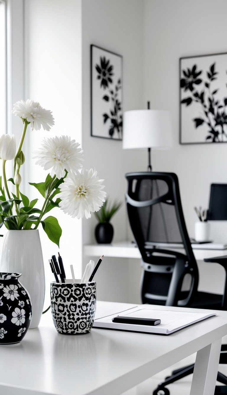 A home office with a white desk, black ergonomic chair, and black and white floral decorations including a vase with flowers and wall art.