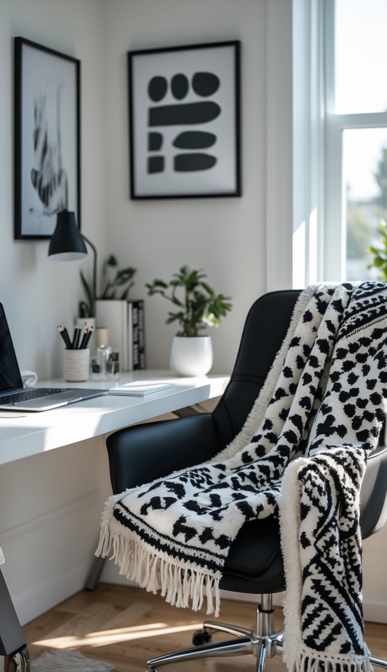 A home office corner with a desk, laptop, chair with a black and white throw, plant, and framed art.