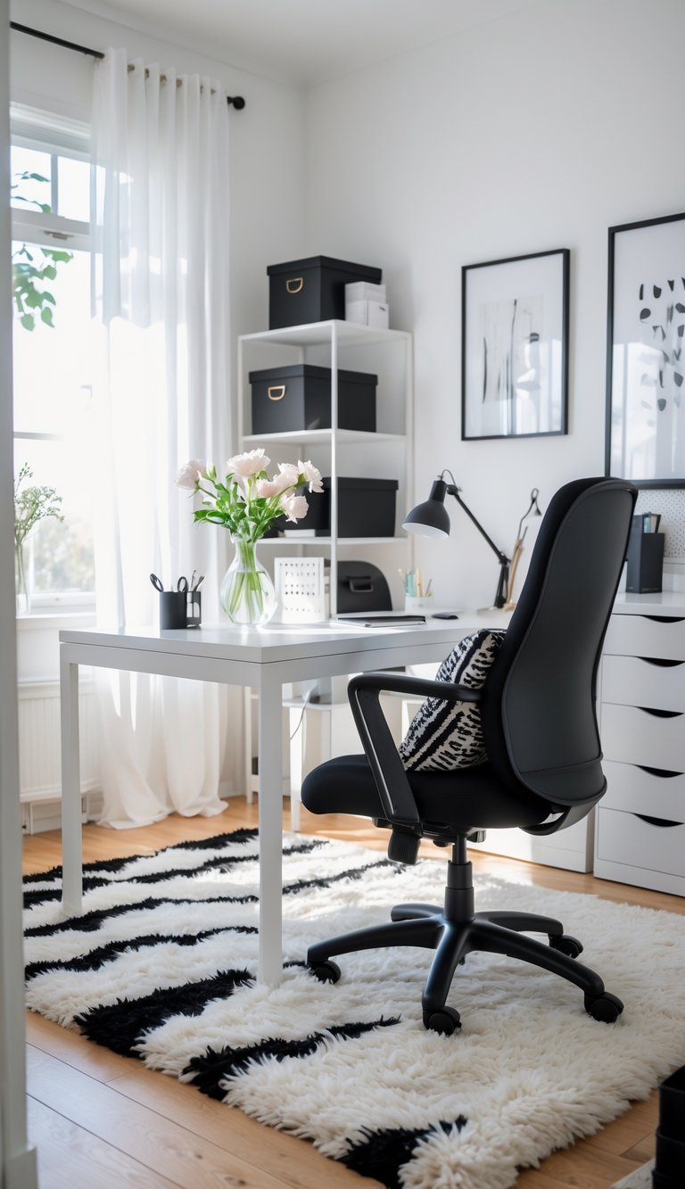 A cozy home office with a plush black and white rug, a white desk, a chair with a patterned cushion, and natural light coming through a window.