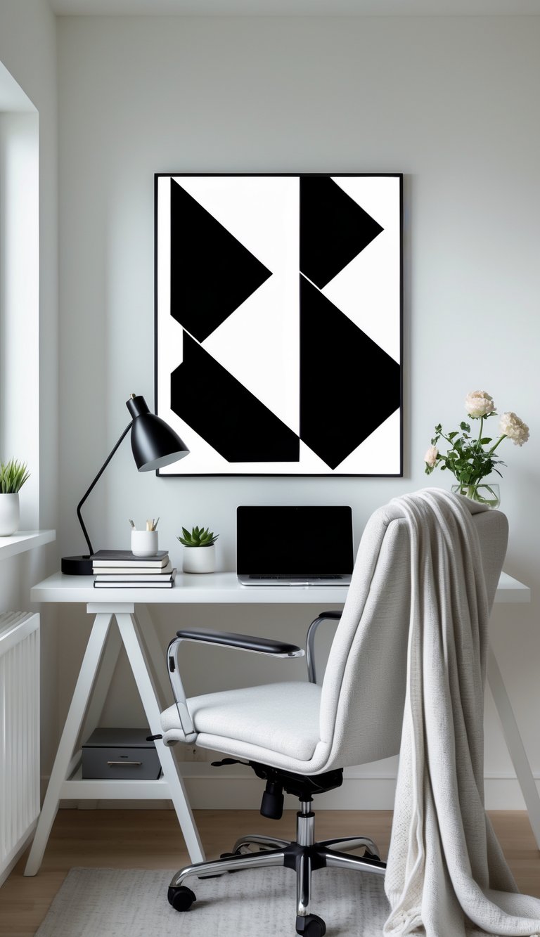 A bright home office corner with a white desk, black and white geometric wall art, a laptop, a desk lamp, a small plant, and a chair with a throw blanket.