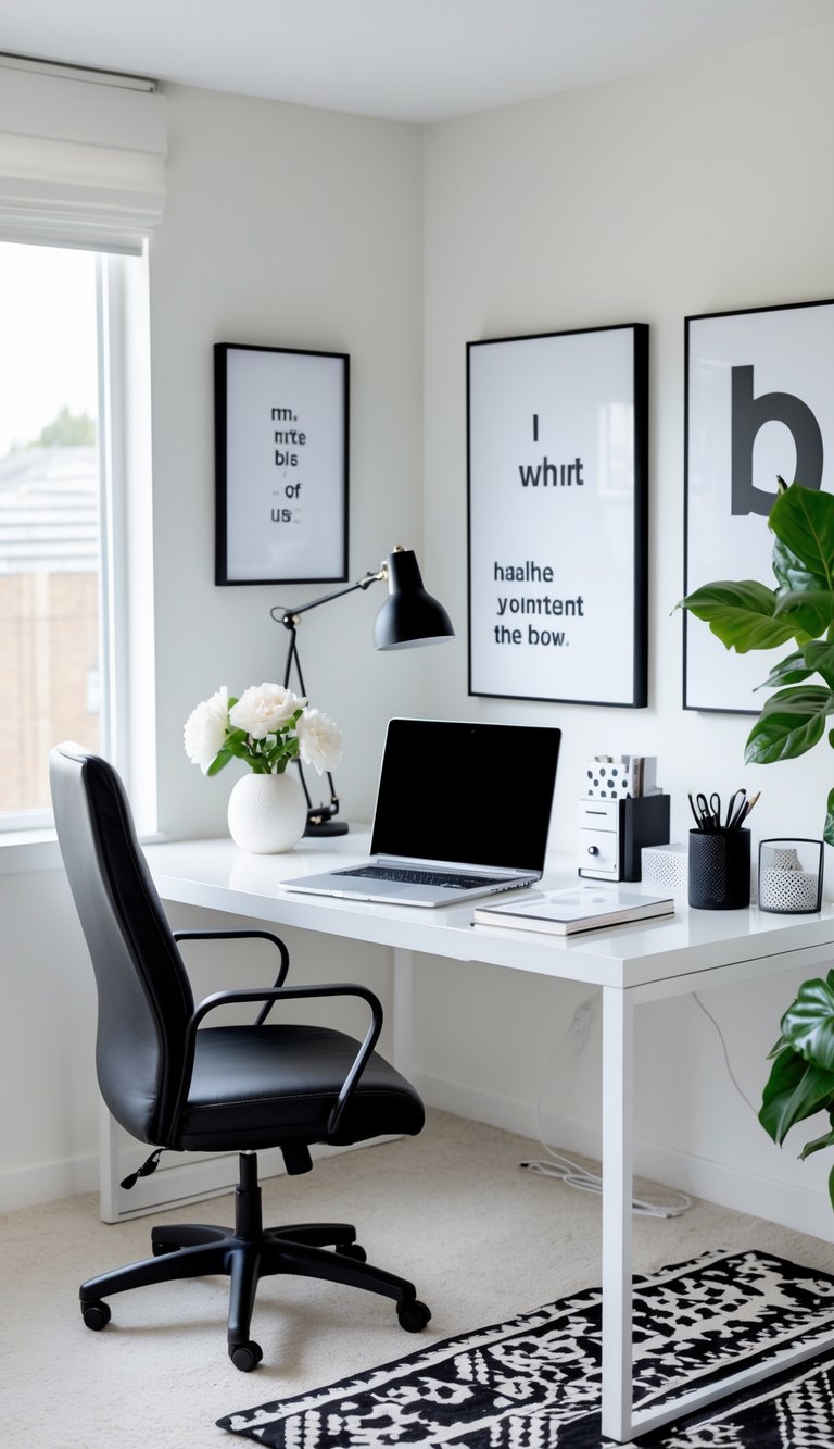 A bright home office with an L-shaped white desk, a black office chair, a laptop, flowers in a vase, and black and white decor.