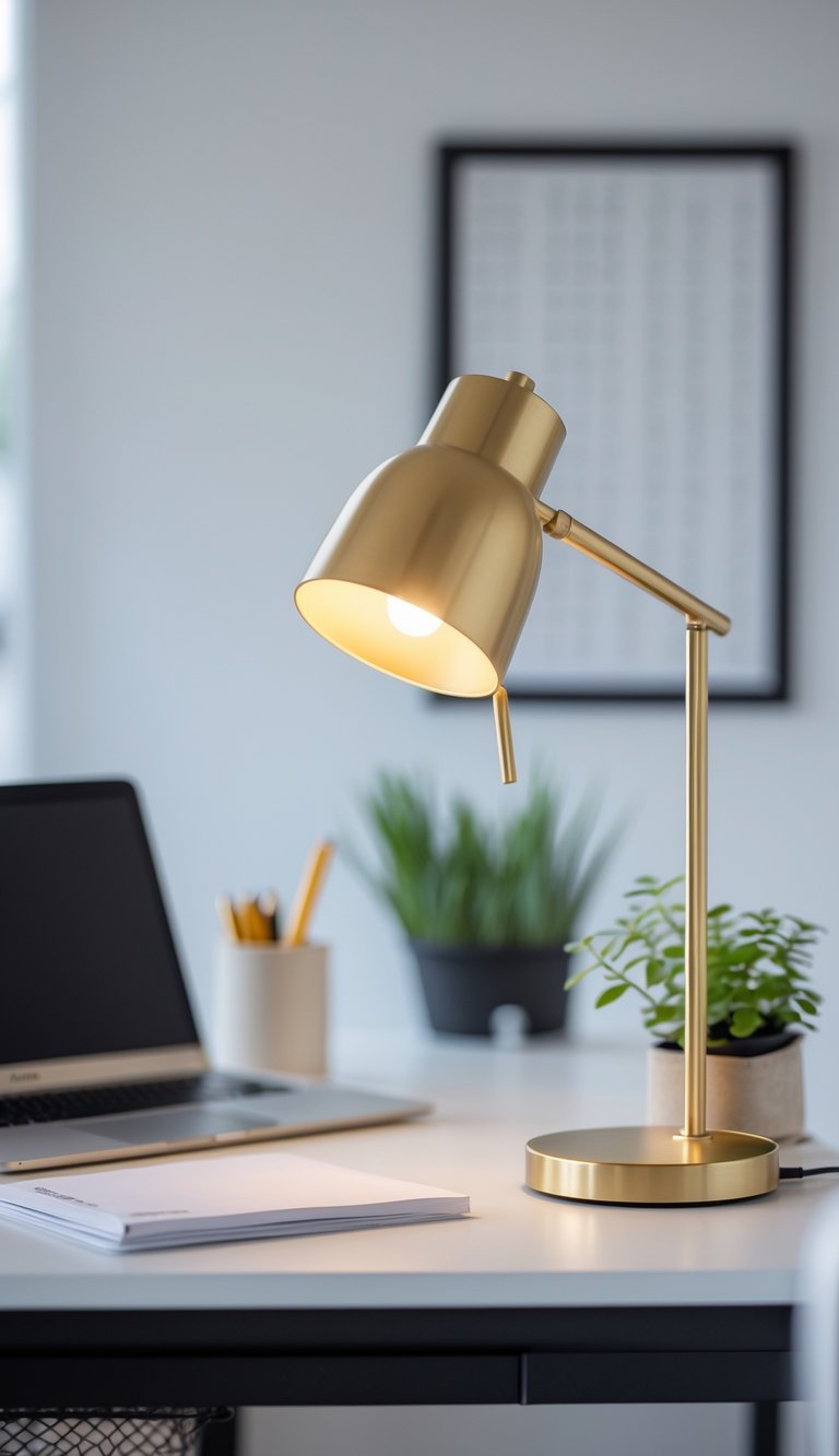 A home office desk with a gold-accented lamp, laptop, plant, and organized stationery on a black and white workspace.
