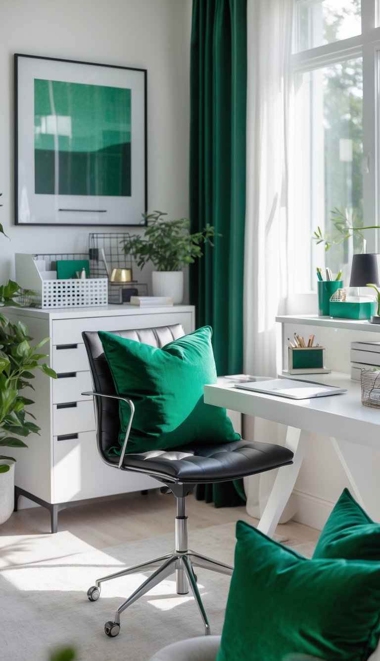 A home office with a white desk, black and white decor, emerald green cushions on a chair, and natural light coming through a window.
