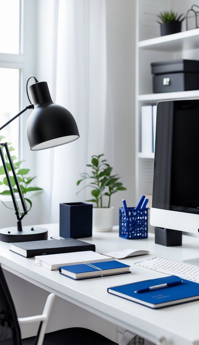 A tidy home office desk with black and white office supplies and sapphire blue stationery accents, including notebooks and pens, surrounded by shelves and a small plant.