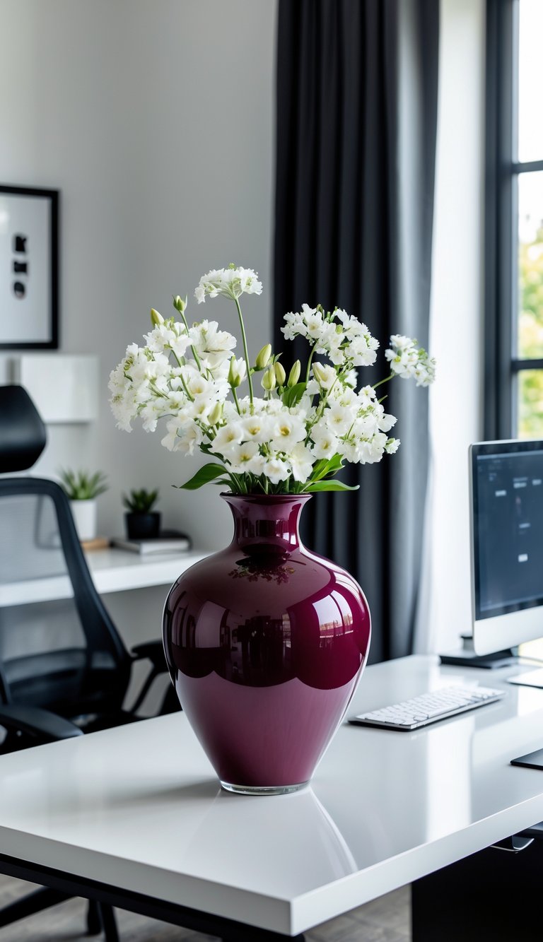 A burgundy vase with white flowers on a desk in a black and white home office.