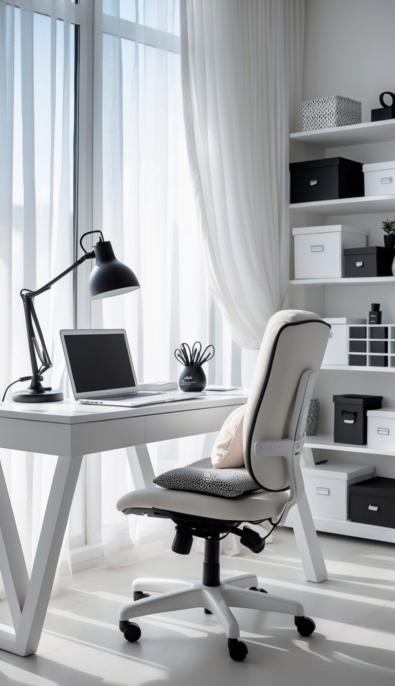 A bright home office with sheer white curtains, a white desk, black and white decor, and a comfortable chair.