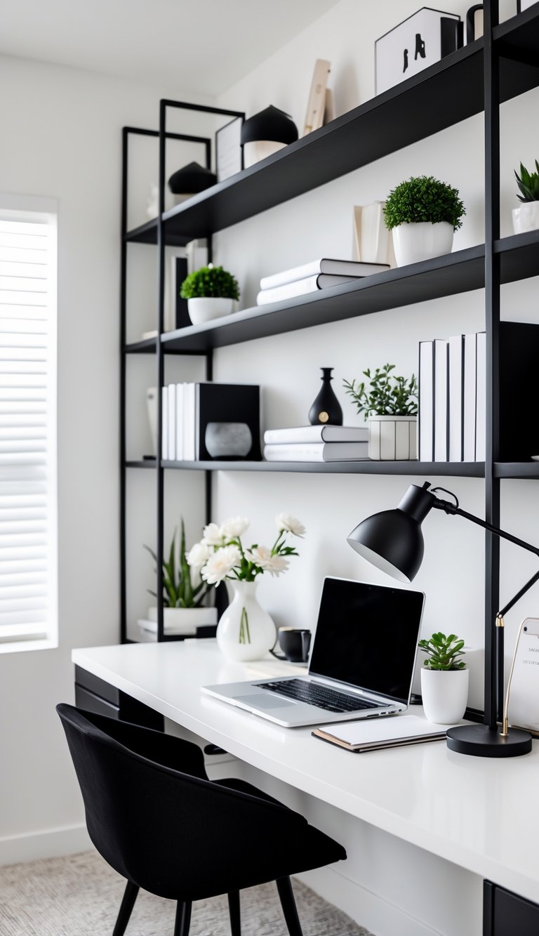 A home office with black shelves holding books, plants, and decorative items above a white desk with a laptop and flowers.