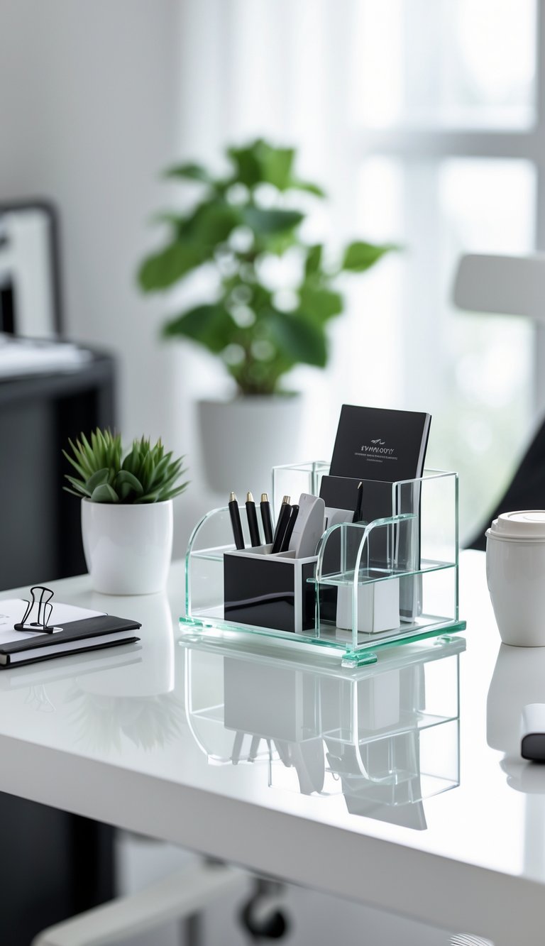 A glass desk organizer on a white desk holding black and white stationery, surrounded by a plant, notebook, and coffee cup in a bright home office.