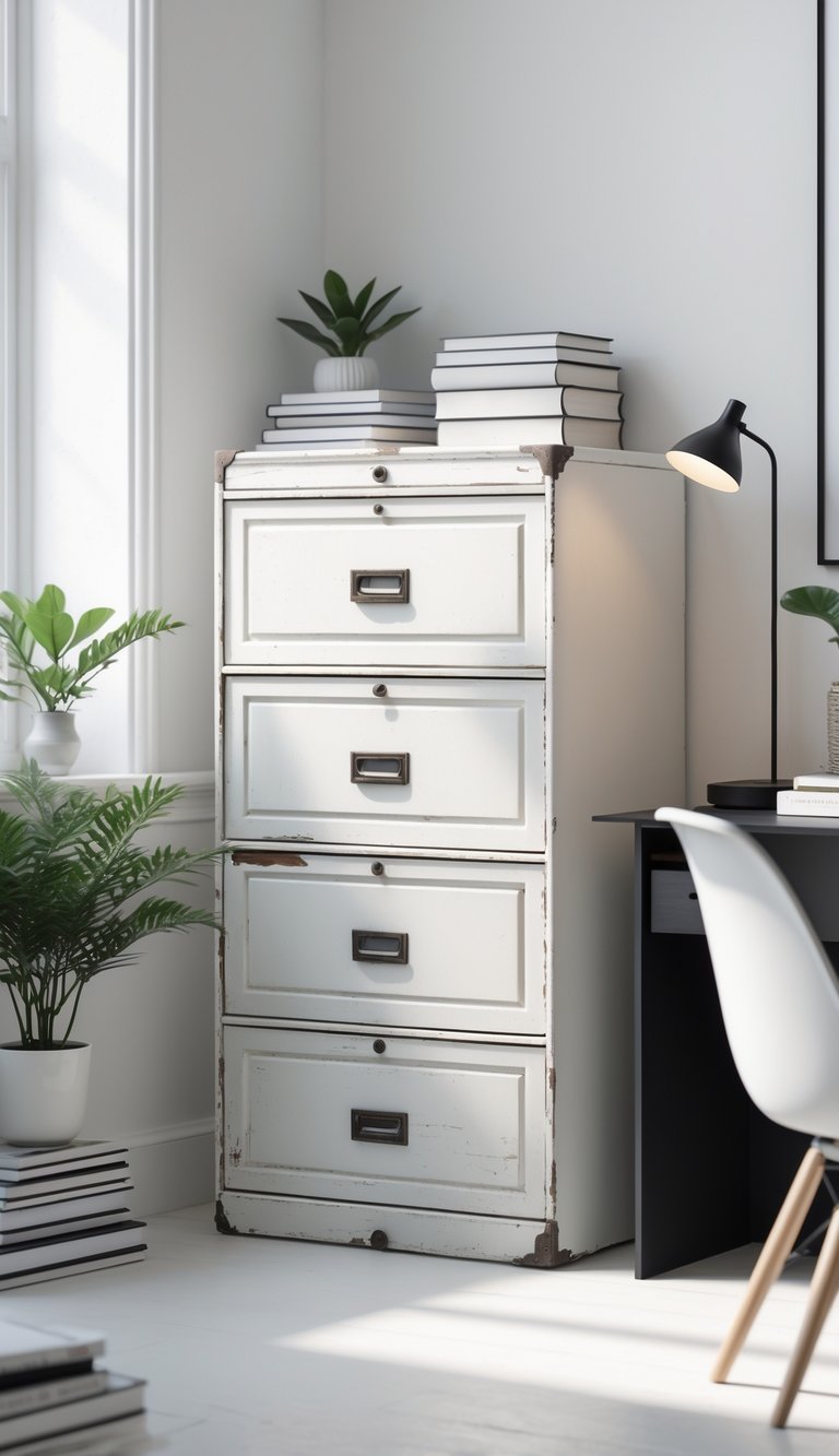 A white vintage filing cabinet in a tidy home office with books, a plant, and a desk lamp.
