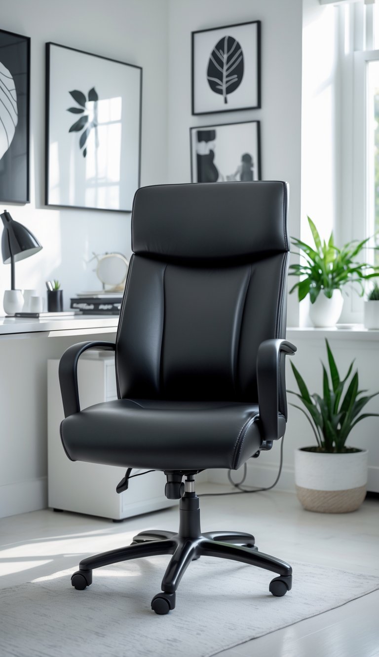 Black leather desk chair in front of a white desk in a bright home office with black and white decor and a potted plant.