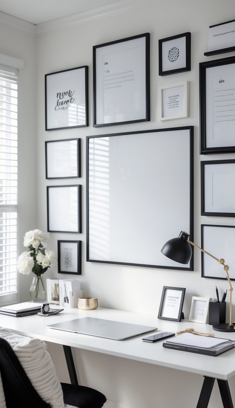 A home office with a whiteboard surrounded by decorative frames, a desk with office supplies, and feminine black and white decor.