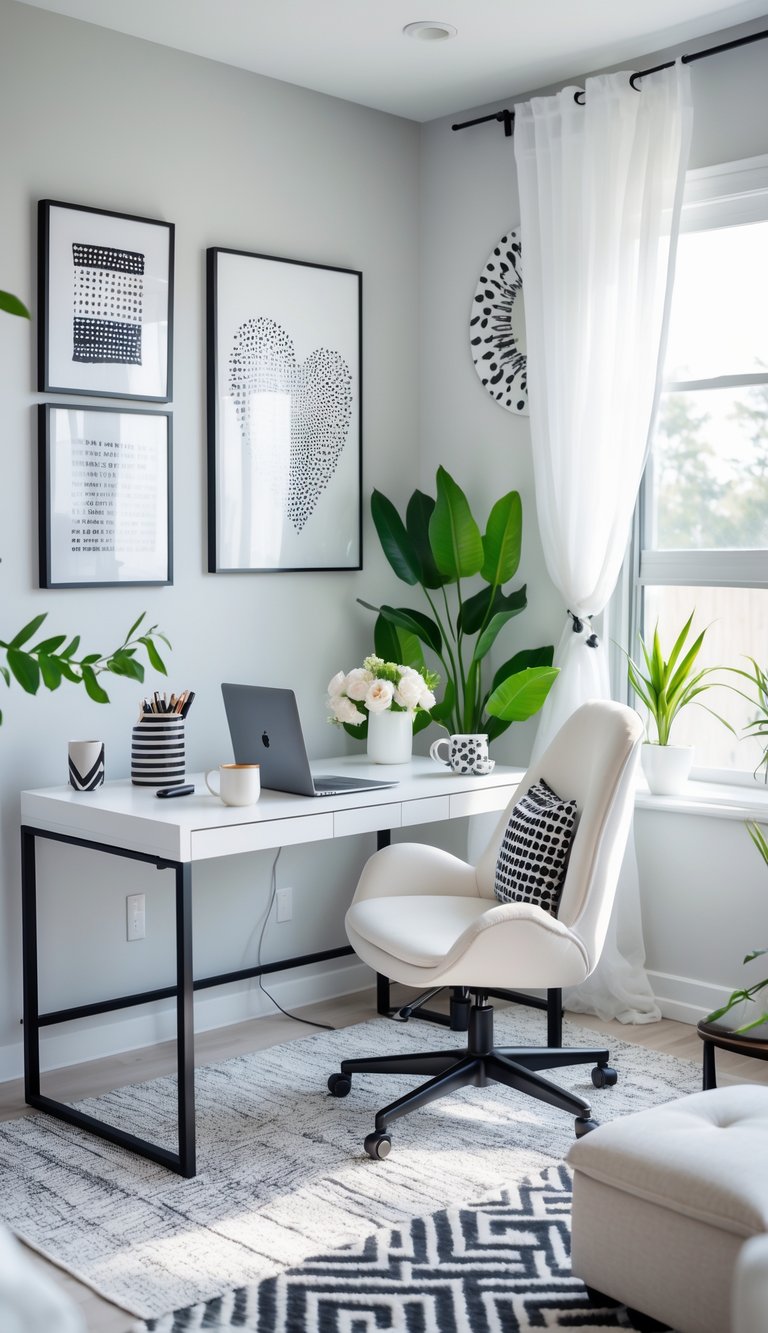A bright black and white home office with a white desk, ergonomic chair, plants, and decorative accents creating a calm and organized workspace.