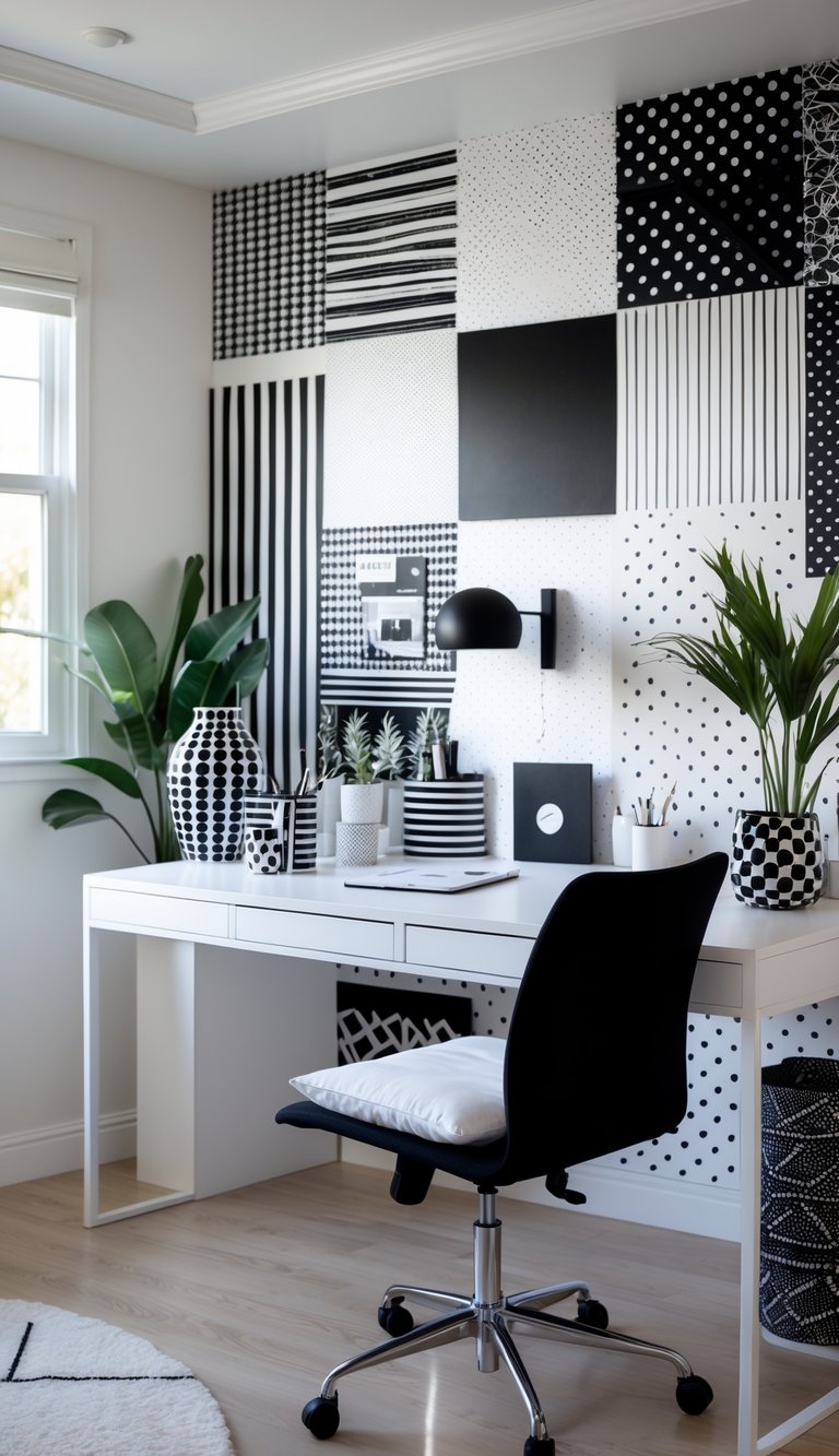 A home office workspace with a white desk, black office chair, patterned black and white wall, and monochrome decorative items.