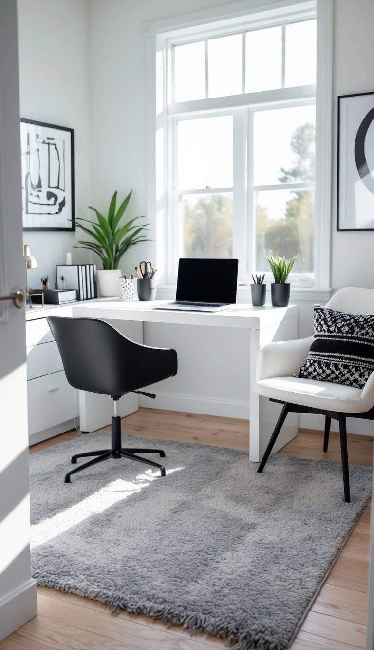 A bright home office with a grey area rug, white desk, black chair, laptop, and decorative plants.