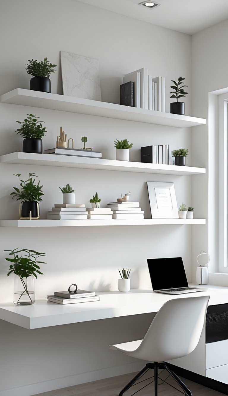 A home office with white floating shelves displaying plants, books, and decor above a desk with a laptop and chair.