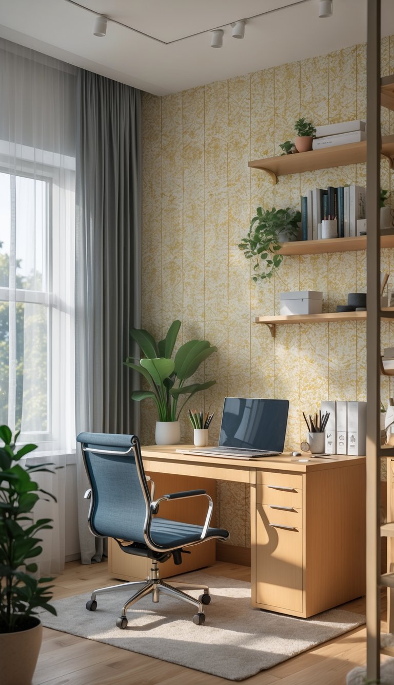 A modern home office with a wooden desk, laptop, ergonomic chair, potted plant, and a colorful patterned wallpaper accent wall, illuminated by natural light from a large window.