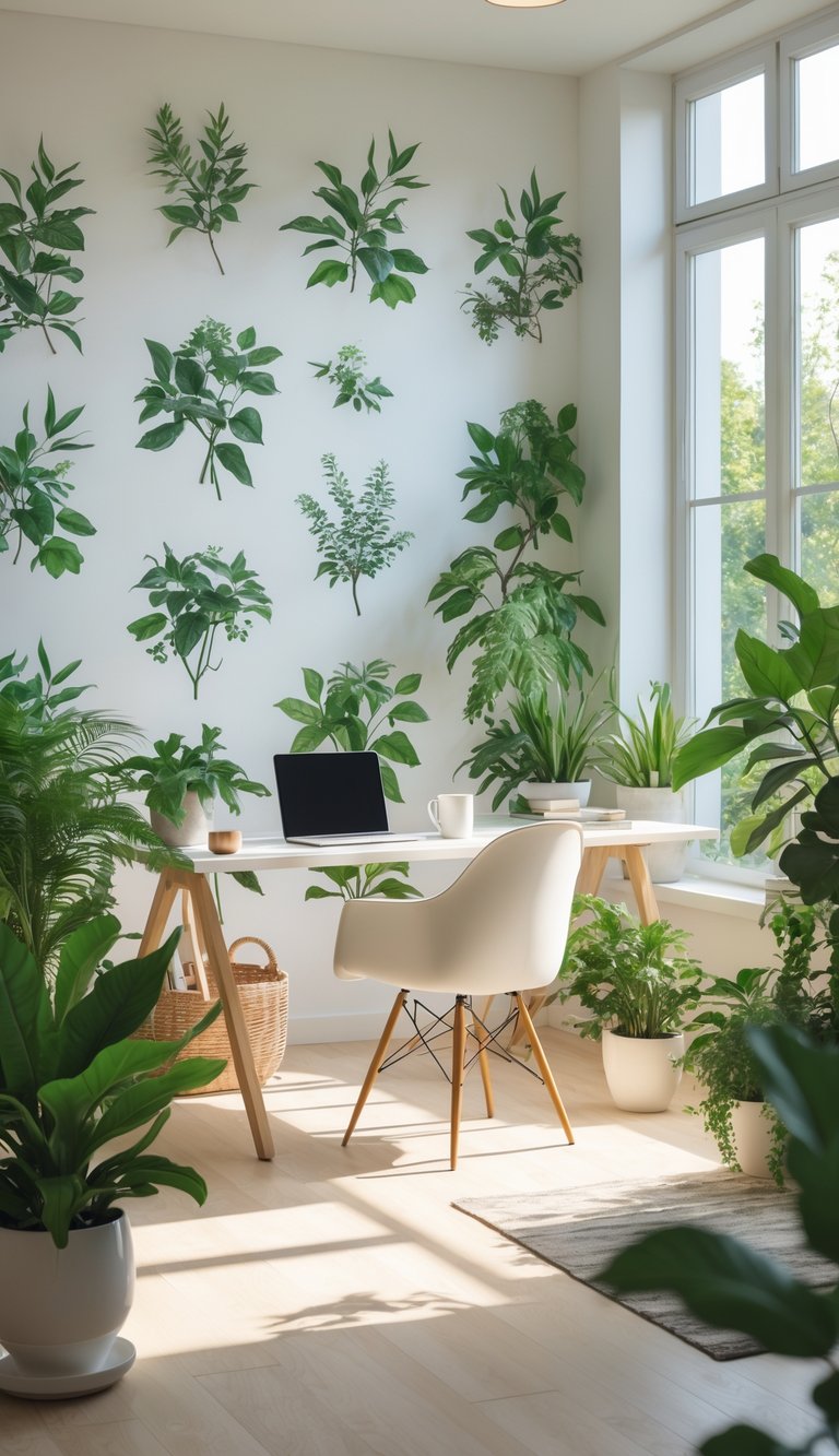 A home office with botanical prints on the walls, a desk with a laptop and coffee cup, and several green plants around the room.
